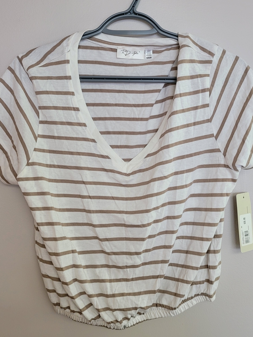 RD Style Women's Cream and Brown Striped V-Neck Top
